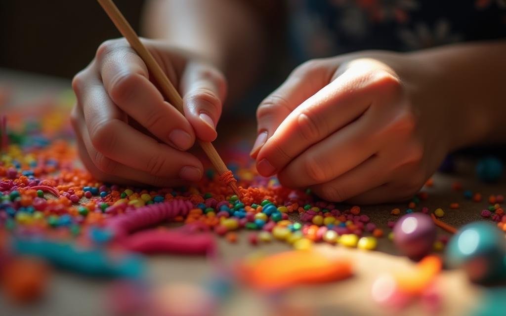 Close up of hands working on a handicraft project with vibrant materials, symbolizing creativity and making