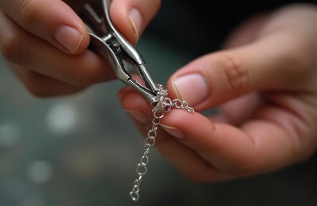 Close up of hands carefully working on a handmade silver necklace with pliers and wire, highlighting the delicate process of jewelry making