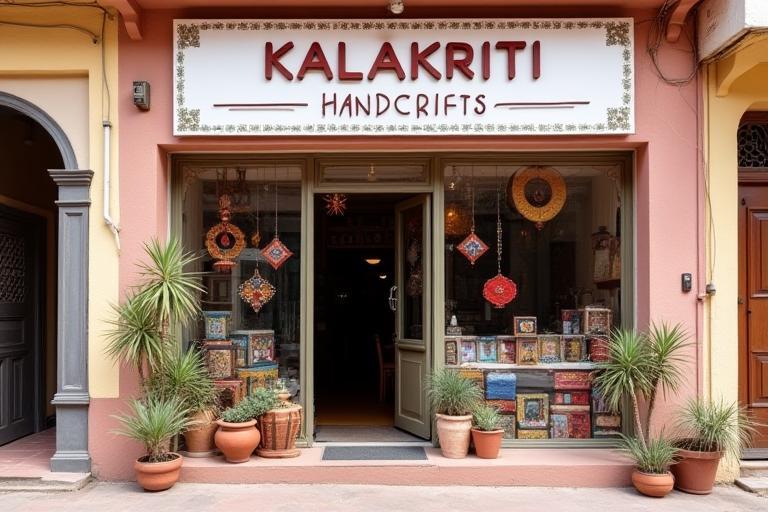 Exterior view of the KalaKriti Handicrafts building with welcoming entrance and colorful signage, located in Jaipur