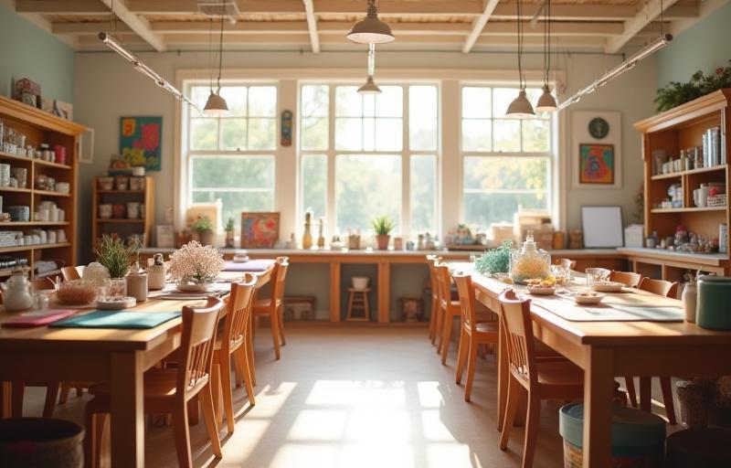 Interior view of a bright, inviting craft workshop space filled with natural light and materials, suggesting a creative environment