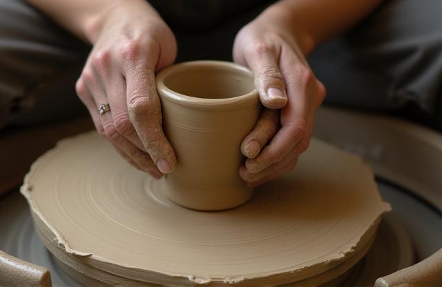 Hands shaping wet clay on a spinning pottery wheel, focus on the forming vessel, illustrating the pottery course