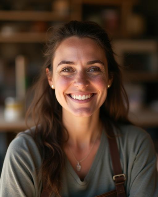 Friendly craft instructor smiling brightly in a sunlit workshop setting, surrounded by crafting tools and finished work, symbolizing warmth and expertise