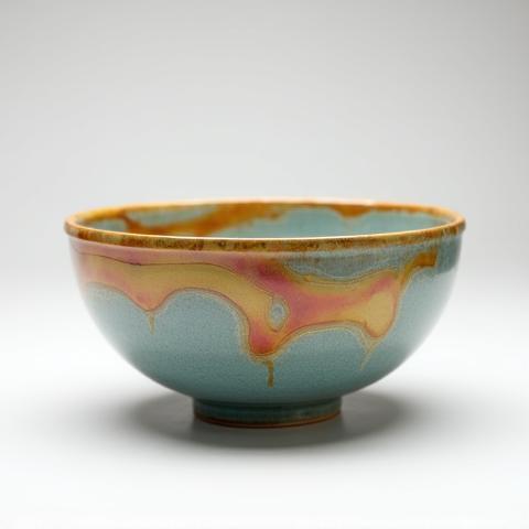 Beautifully glazed ceramic bowl with a vibrant, swirling design, showcasing a finished pottery piece