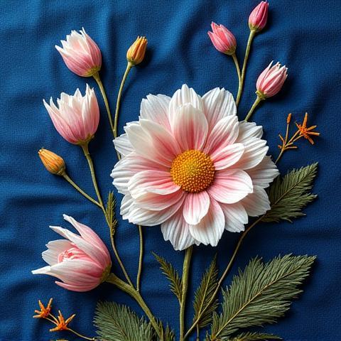 Close-up of an intricate embroidered floral pattern on a piece of blue fabric, showcasing detailed stitching techniques