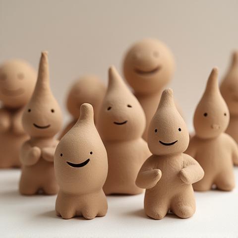 A collection of small, uniquely shaped clay figurines created during a beginner's pottery workshop, showing creative exploration