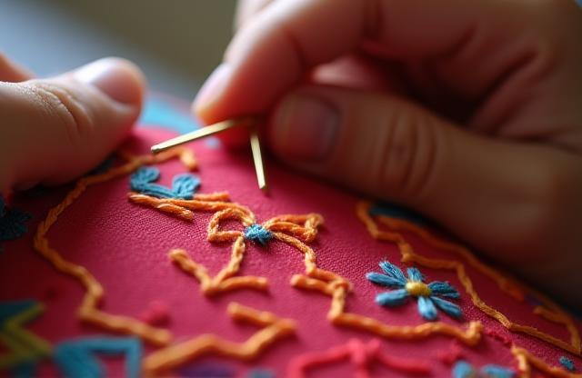 Close up of hands intricately doing embroidery on a vibrant fabric with needle and thread, showing detail and dedication